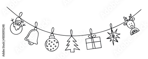 Cheerful hand drawn Christmas garland featuring festive seasonal ornaments like Santa Claus, a bell, bauble, tree, gift, star, and reindeer perfect for holiday season greetings and joyful