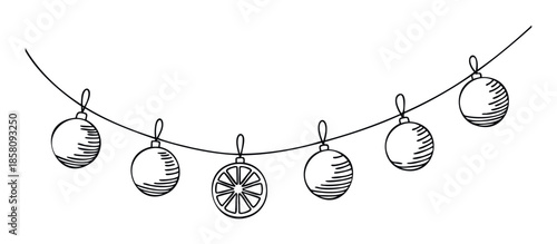 Hand drawn string of festive holiday ornaments with classic baubles and a citrus slice decoration perfect for winter season greeting cards or celebration banners.