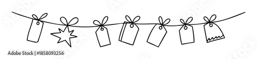A charming black and white doodle of hanging gift tags and a star perfect for holiday sales event promotions or special occasion marketing materials