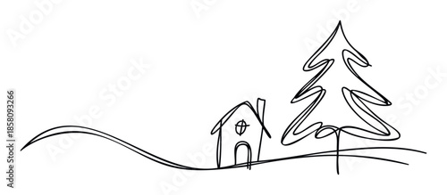 Simple continuous line drawing depicting a charming small house next to a festive fir tree, perfect for winter holiday greeting designs, seasonal graphics, and cozy home decorations.