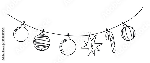 Minimalist outline drawing of hanging Christmas decorations garland featuring baubles star and striped candy cane suitable for seasonal greetings cards event invitations and celebration
