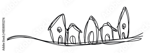 A simple continuous line drawing portraying a quaint neighborhood of stylized houses on a gentle curve, ideal for property advertisements, community events, or domestic life themes.