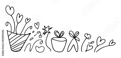 Hand drawn black outline doodle elements celebrating love and joy with hearts flowers gift boxes and star shapes perfect for romantic greetings or cheerful event invitations