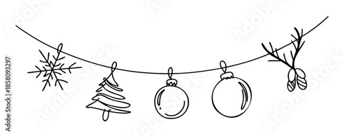 Outline Christmas holiday garland featuring a delicate snowflake, stylized evergreen tree, shiny ornament balls, and a charming winter berry branch perfect for seasonal celebration designs