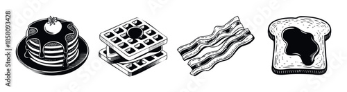 Classic engraved breakfast meal elements featuring a stack of delicious pancakes with syrup, savory bacon strips, square waffles, and a slice of toast, perfect for menu layouts.