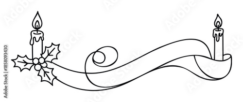 Festive line drawing with burning candles and holly berries intertwined with a decorative flowing ribbon, perfect for holiday event invitations and seasonal greeting decorations.