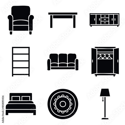 A comprehensive collection of essential furniture and home decor icons, perfect for illustrating interior design concepts or furnishing related applications and websites.