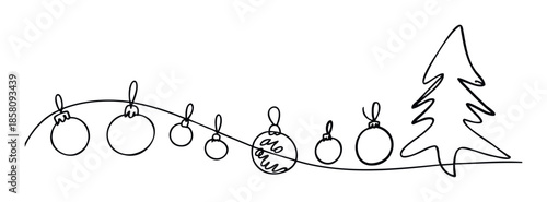A minimalist continuous line drawing depicting a festive Christmas garland featuring various holiday ornaments and a stylized fir tree, perfect for seasonal celebrations and winter event