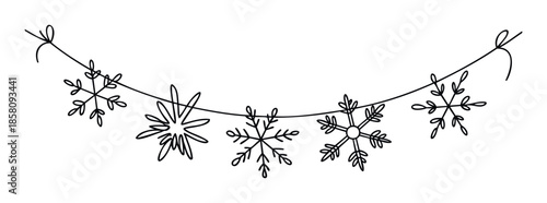 A continuous line drawing of various stylized snowflakes forming a charming garland, perfect for winter holiday celebrations and seasonal greetings.