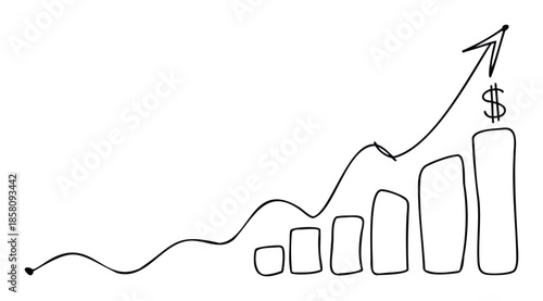 Hand drawn financial growth chart with increasing profits and business success depicted by an upward trending arrow and dollar symbol, ideal for economic progress and investment reports.