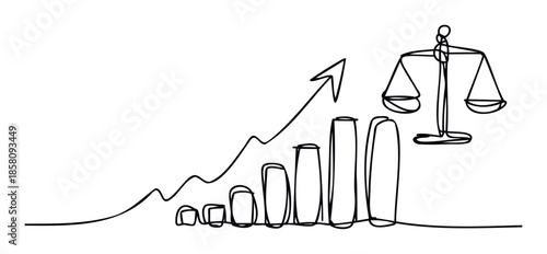 A continuous line drawing depicting business growth with an upward trending graph and ascending bar chart culminating in a symbol of justice scales for financial regulation or legal