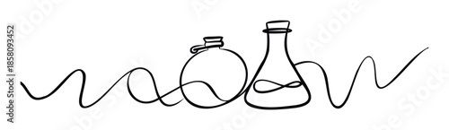 Abstract single line illustration of two chemistry flasks interconnected by a dynamic flowing wave, ideal for modern scientific publications, educational resources, or health industry