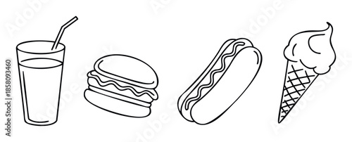 Simple outline drawings showcasing a refreshing beverage, a tasty burger, a classic hot dog, and a delicious ice cream cone for various graphic applications.