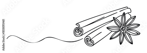 Monochrome line drawing of aromatic cinnamon sticks and star anise with a flowing wave motif, ideal for culinary blogs, holiday recipe cards, or warm beverage packaging.