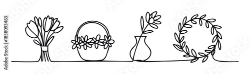 Continuous line drawing of spring floral elements including a tulip bouquet, flower basket, vase with bloom, and leafy wreath, perfect for seasonal greetings or naturethemed decorative