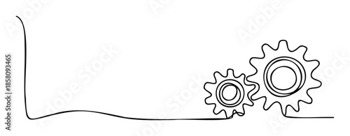 Continuous line drawing illustrating two interlocking gears representing connection, process, and working together for business solutions, suitable for engineering, technology, and