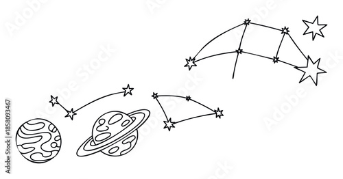 Simple hand drawn outline set of planets and constellations with stars for space themed projects, educational materials, and childrens activity books.