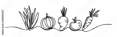 Minimalist continuous line drawing depicting a variety of fresh garden vegetables and an apple, perfect for promoting healthy eating, organic food, or farmtotable concepts in health and