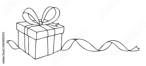 A simple line drawing of a wrapped gift box with a decorative bow and trailing ribbon, perfect for holiday greetings, party invitations, or celebration event announcements.