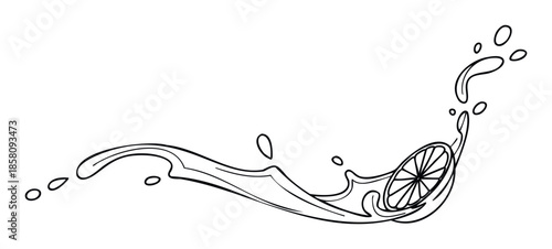 Black outline drawing of a dynamic liquid splash with a fresh citrus lemon fruit slice perfect for beverage packaging labels and refreshing drink advertisements