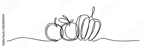 Continuous single line drawing of two apples and a pumpkin representing a healthy diet and the autumn harvest, suitable for culinary websites or health and wellness presentations