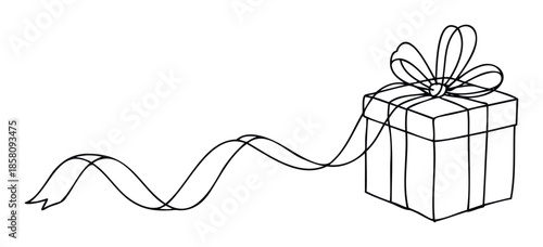 Hand drawn outline of a present box adorned with a bow and a flowing ribbon, ideal for conveying surprise, generosity, or festive occasions in various creative projects.