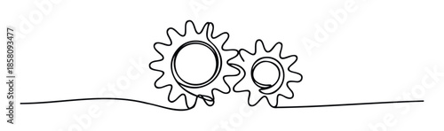 Continuous single line gears depicting interconnectedness, cooperation, and mechanical interaction for symbolizing teamwork, business processes, or engineering principles.