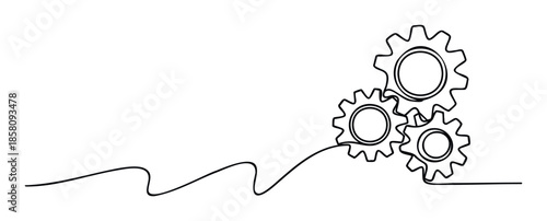 A continuous oneline drawing depicting three interlocking gears symbolizing connection, system, and industrial process, perfect for technology concepts, business presentations, and