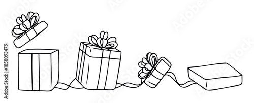 Line drawing of various gift boxes, including an open one with a floating lid and others connected by ribbons, representing celebration and presents for holidays or special events.