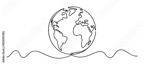 A minimalistic one line drawing representing planet Earth with simplified continents and connecting wavy lines, perfect for environmental awareness campaigns, global communication themes,