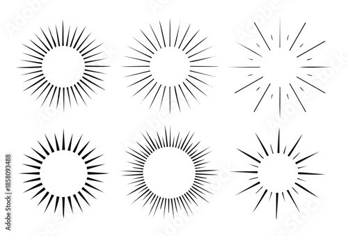 Dynamic sunburst and starburst effect symbols radiating energy, ideal for graphic branding, event promotion, or adding vibrant emphasis to various visual communications.