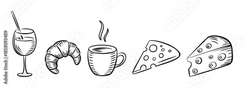 A compilation of handdrawn food and beverage images including a drink, croissant, steaming cup, and various cheese pieces for cooking or dining presentations.
