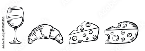 Elegant monochrome drawing showcasing a sophisticated wine glass, a classic French croissant, and savory cheese wedges, ideal for restaurant menus, food packaging, or gourmet advertisements.
