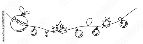 Elegant single line drawing of stringed holiday ornaments, a maple leaf, and a star, suitable for seasonal celebrations, winter events, or autumn themed promotional campaigns.