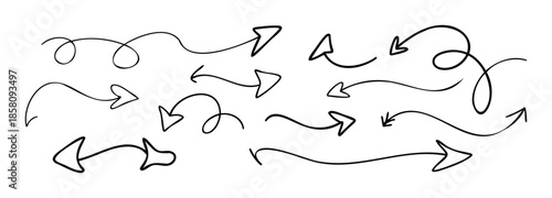 A collection of diverse hand drawn doodle arrows and directional lines for emphasizing text, pointing to important information, or adding a playful touch to graphic layouts and