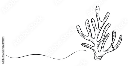 A simple hand drawn black line doodle of an underwater coral structure with a flowing wave suitable for ocean themed graphics and nature inspired projects.