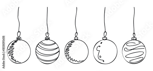 Collection of hand drawn outline Christmas baubles with various decorative patterns for holiday greetings, festive decorations, and seasonal graphic projects like invitations and cards.