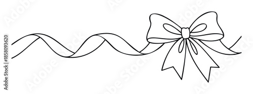 Minimalist black linear drawing of a classic celebratory bow with long flowing ends, suitable for decorative templates, seasonal decor, or special occasion branding projects.