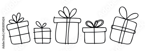 Hand drawn doodle style gift boxes with ribbons perfect for holiday greetings, birthday celebration event announcements, special occasion party invitations, and joyful festive season