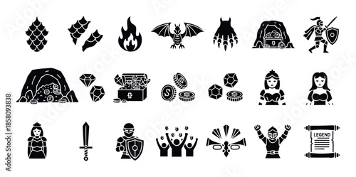 Collection of medieval adventure themed glyph icons featuring knights, princesses, dragons, treasure, and mythical elements, ideal for game development, storytelling, or historical project