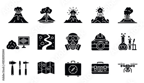 Glyph icons for volcanology and geological exploration, featuring diverse erupting volcanoes, scientific and field tools, safety gear, mapping elements, and a drone for educational and