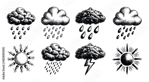 Handdrawn weather forecast symbols showcasing various climate conditions including sunny skies, raining clouds, and powerful thunderstorms for application icons, educational graphics, and