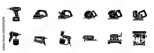 Collection of essential power tools and construction equipment icons for DIY projects, home improvement guides, workshop safety information, and hardware store promotions