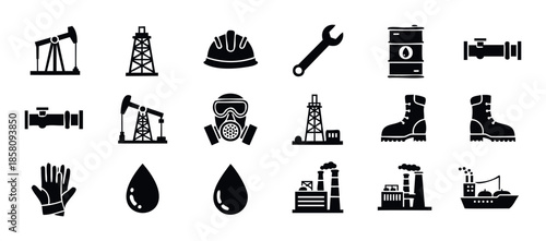 Industrial oil and gas production icons representing energy extraction, refining, and transportation, perfect for environmental reports, business presentations, or educational materials.