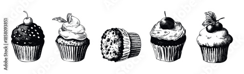 Delicious hand drawn cupcakes and muffins in a classic vintage style perfect for bakery menus, cookbook designs, or sweet shop branding materials