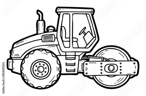 Simple line drawing of a road roller compactor vehicle essential for flattening ground during civil construction tasks and learning tools