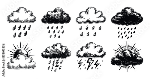 Handdrawn sketch style weather icons featuring various cloud formations with rain, lightning, and sun symbol designs for graphic projects, web interfaces, and meteorological app