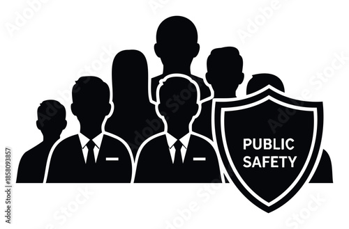 Group of human silhouettes with a prominent PUBLIC SAFETY shield icon, symbolizing community protection and security services, ideal for governmental and organizational presentations.