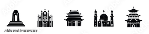Collection of diverse religious and historical architectural landmark silhouettes for travel guides educational resources and cultural presentations