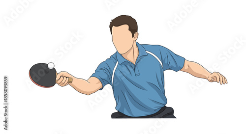 A male table tennis player in a blue shirt hitting a white ball with a black and red paddle.